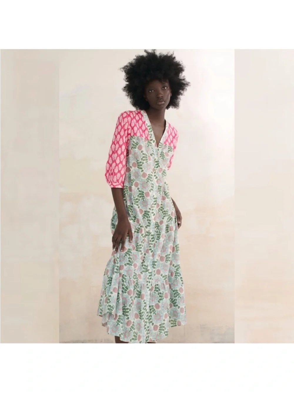 Zara Block Printed Floral Pink Ecru Midi Dress M